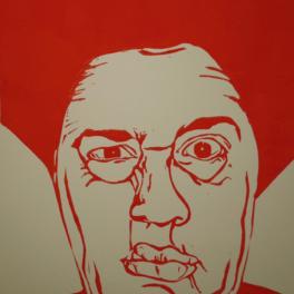 Linoprint ‘What!’ – gesigneerd A4 vrouwenportret in signaaloranje op ivoorpapier