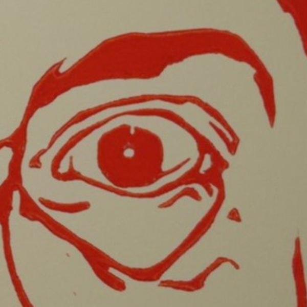 Linoprint ‘What!’ – gesigneerd A4 vrouwenportret in signaaloranje op ivoorpapier