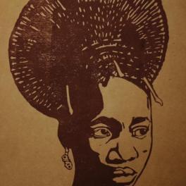 Afrikaanse linoprint Mangbetu Queen – handgedrukt portret op kraftpapier, A4-formaat, gesigneerd